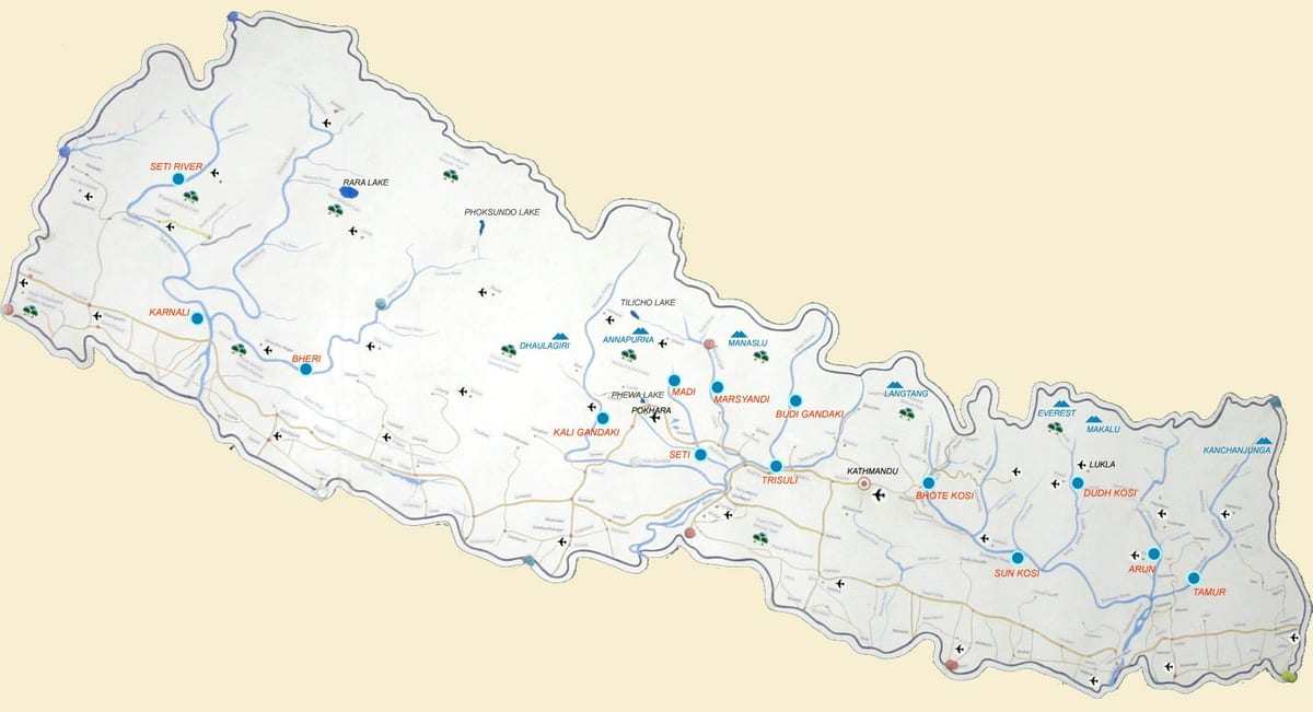 kaart nepal, mis näitab jõgede